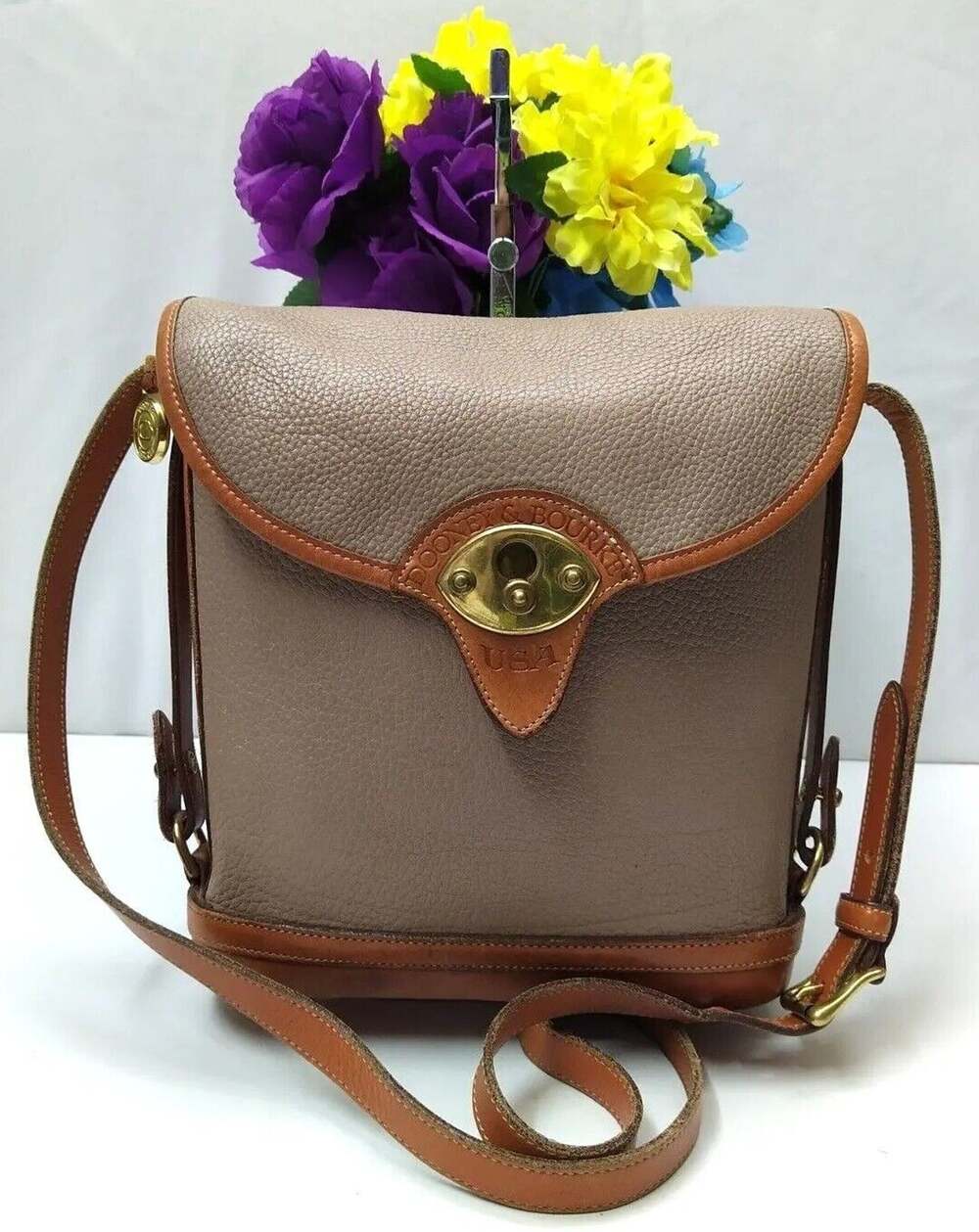 Dooney & Bourke Taupe Brown Pebbled Leather Crossbody Bag - Vintage Made in USA